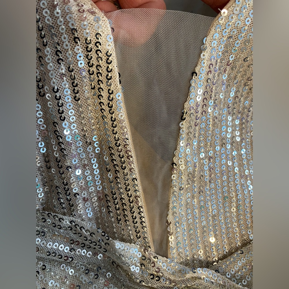 Silver Backless Sequin Gown with V-neck for Wedding Guest - Picture 8 of 11
